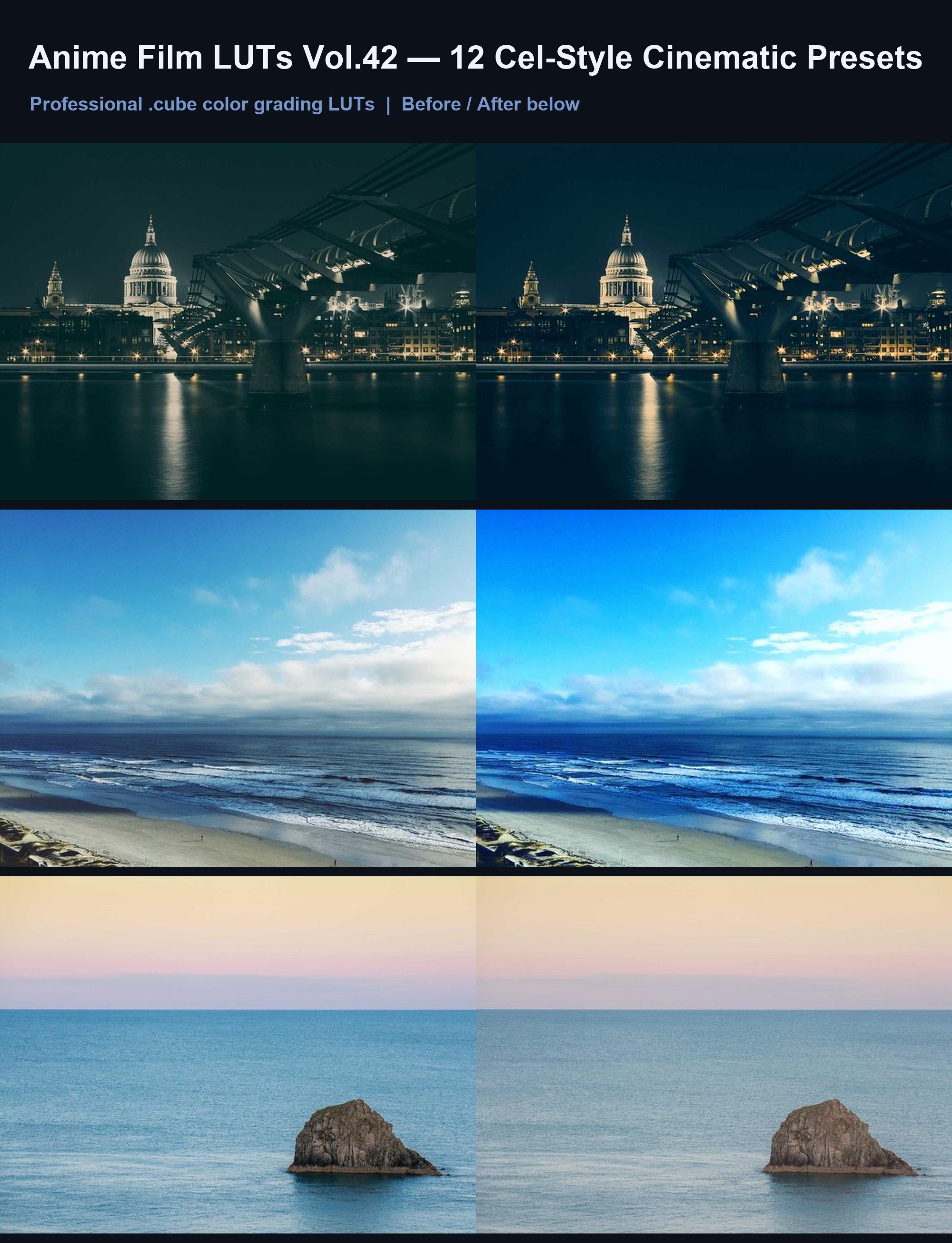 Anime Film LUTs Vol.42: 12 Cel-Style Cinematic Presets