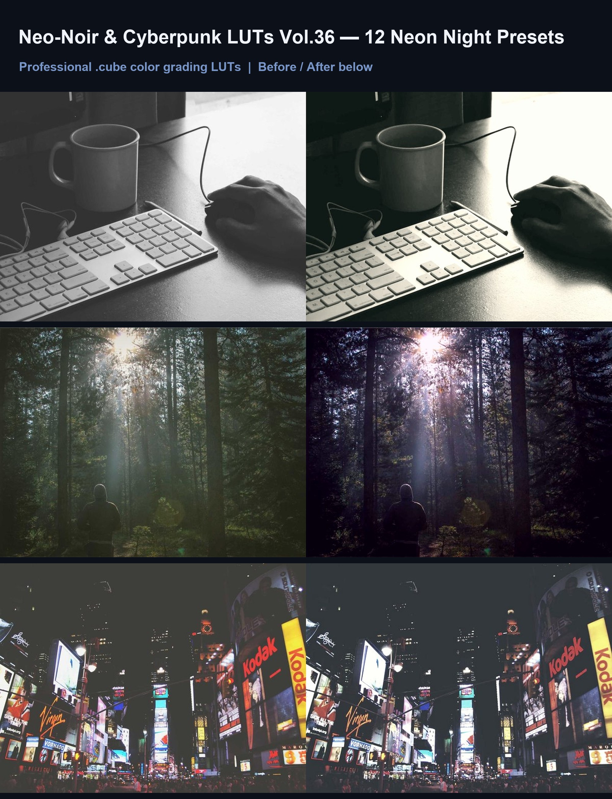 Neo-Noir & Cyberpunk LUTs Vol.36 — 12 Neon Night Presets