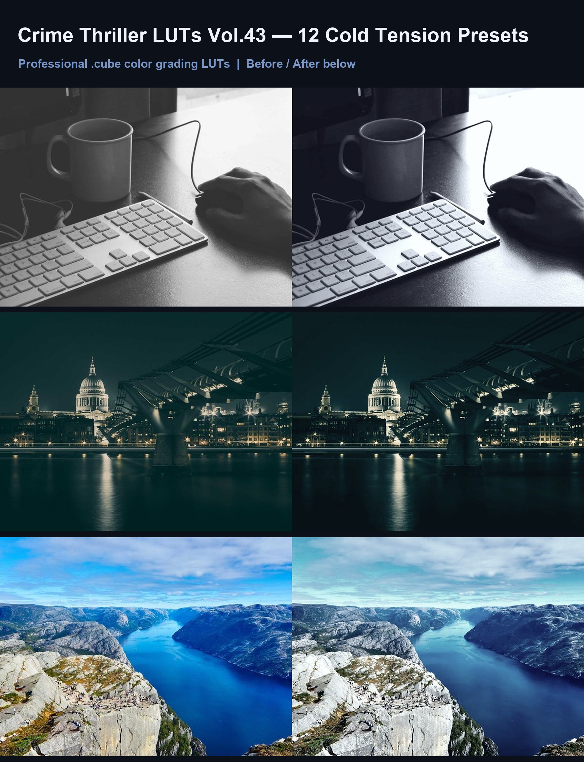 Crime Thriller LUTs Vol.43: 12 Cold Tension Presets for Video & Photo