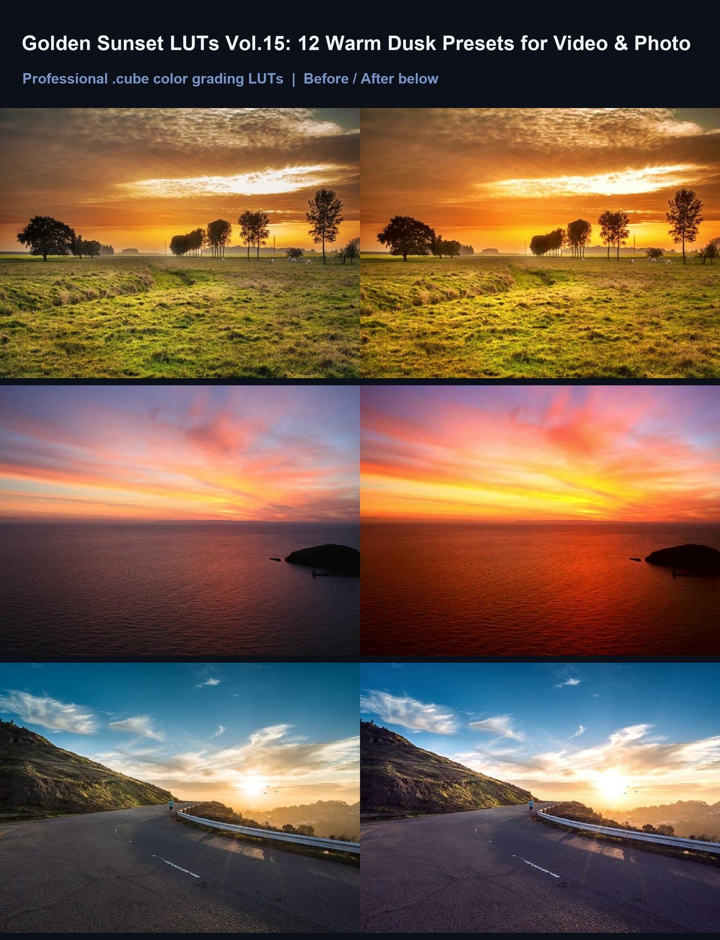 Golden Sunset LUTs Vol.15: 12 Warm Dusk Presets for Video & Photo