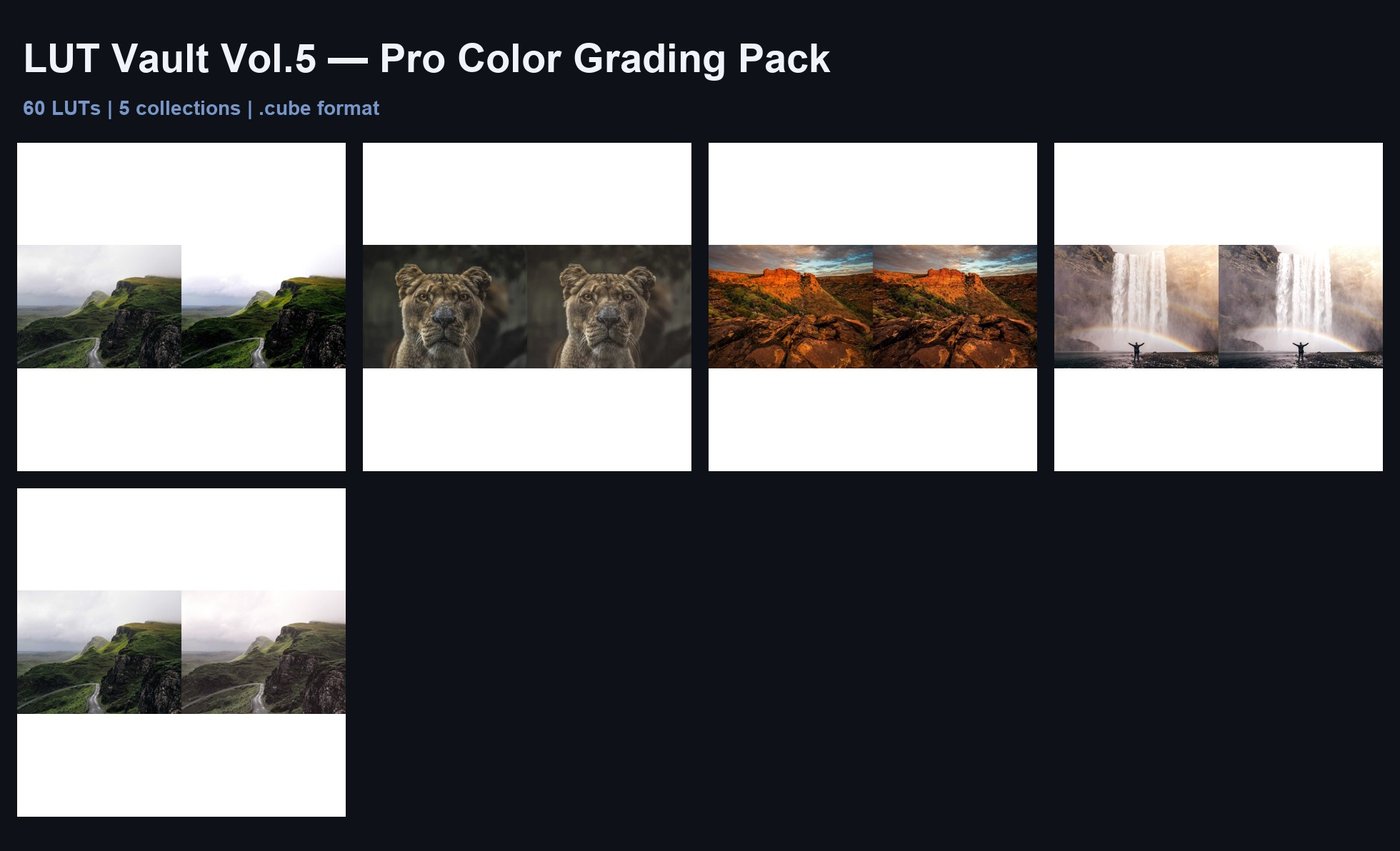 LUT Vault Vol.5: 60 Pro Color Grading LUTs for Video Editors