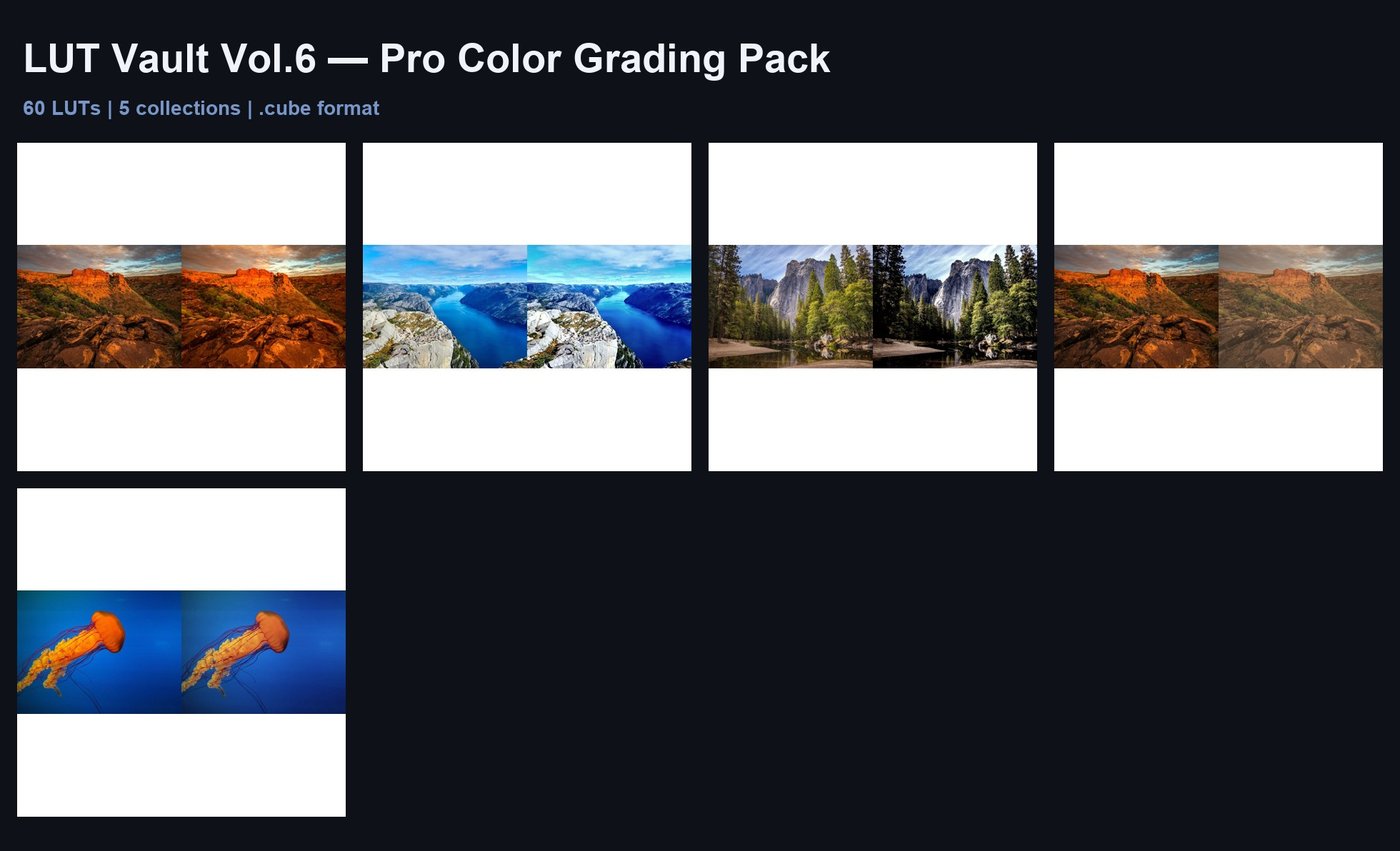 LUT Vault Vol.6: 60 Pro Color Grading LUTs for Video