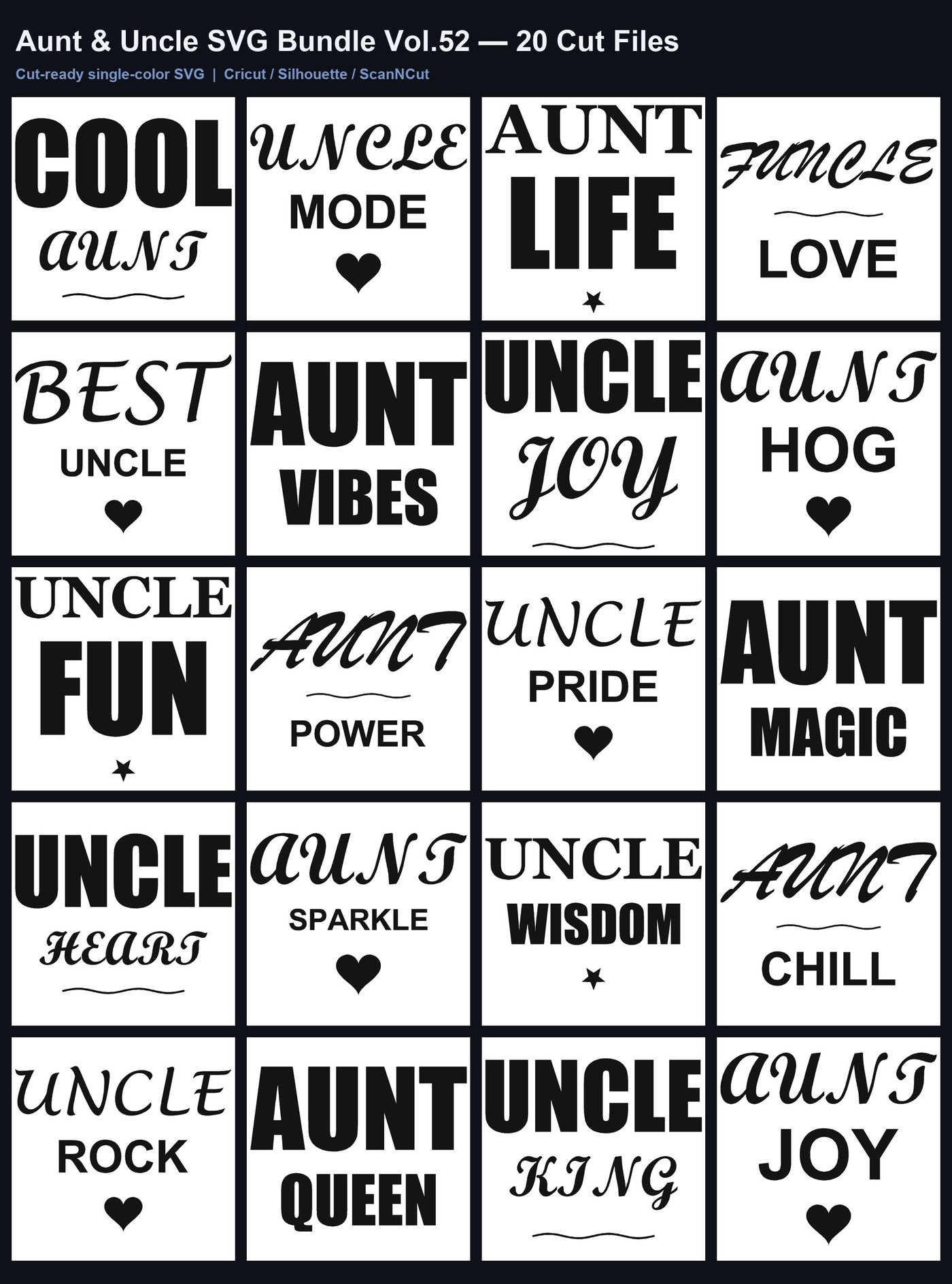 Aunt & Uncle SVG Bundle Vol.52 | 20 Cut Files for Cricut & Silhouette