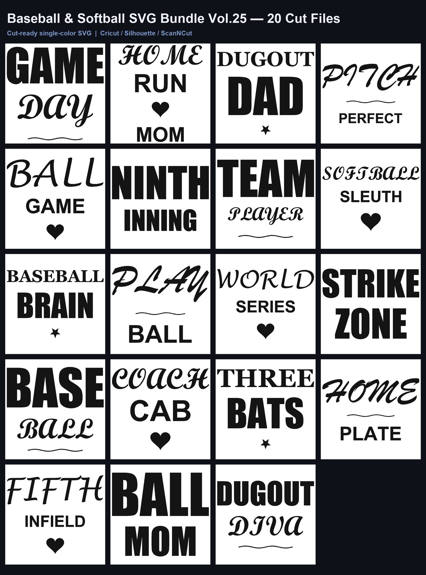 Baseball & Softball SVG Bundle Vol.25 | 20 Cut Files for Cricut