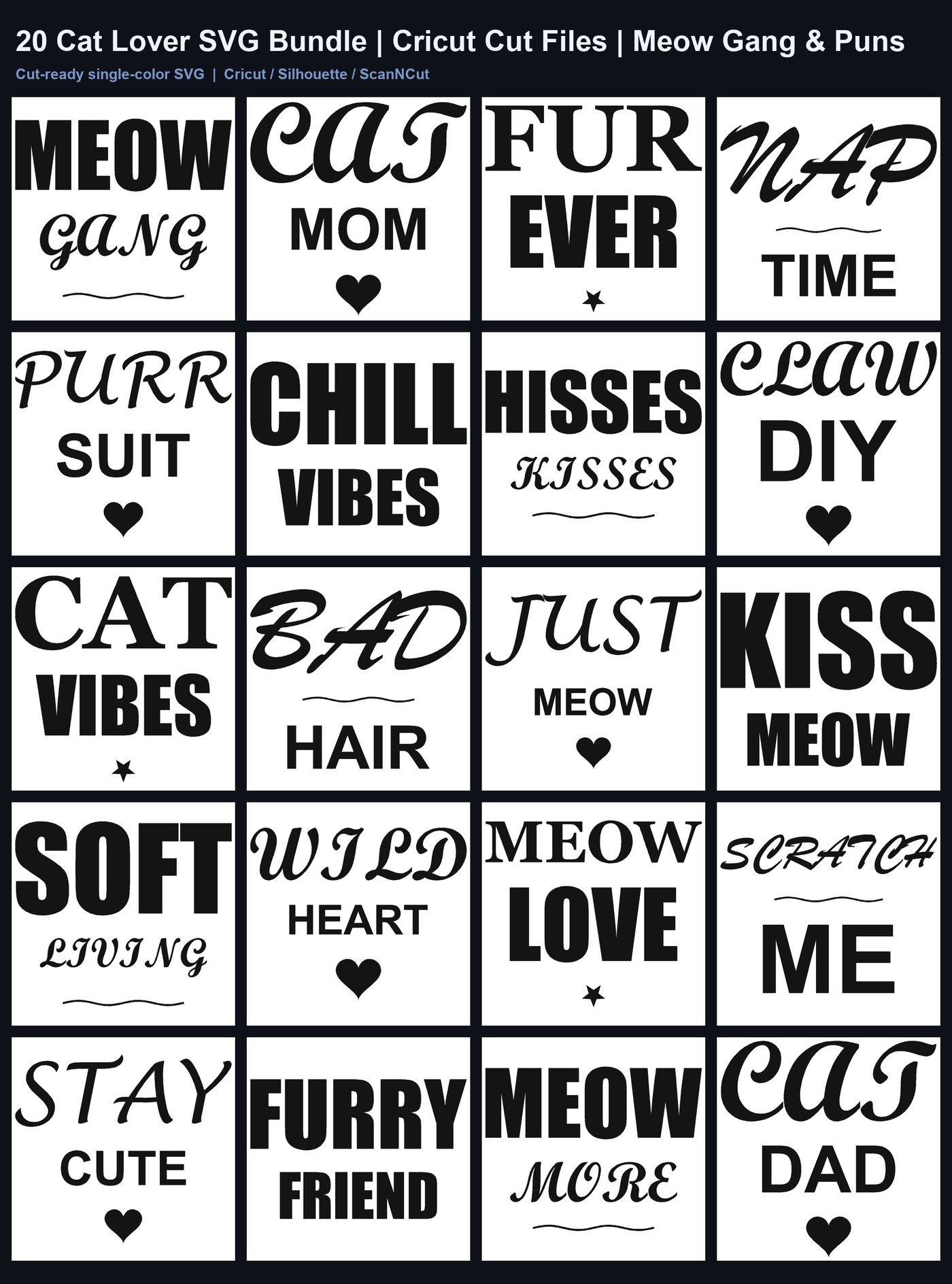 20 Cat Lover SVG Bundle | Cricut Cut Files | Meow Gang & Puns