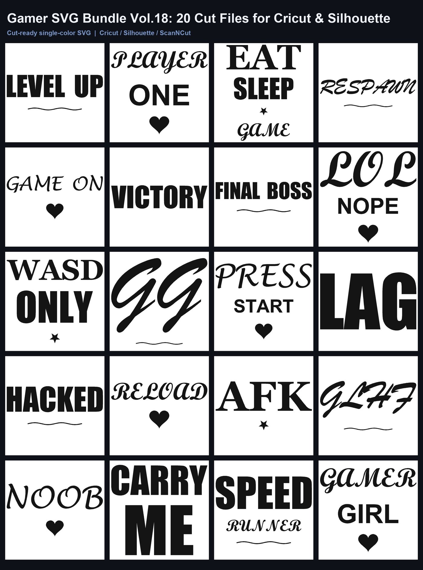 Gamer SVG Bundle Vol.18: 20 Cut Files for Cricut & Silhouette