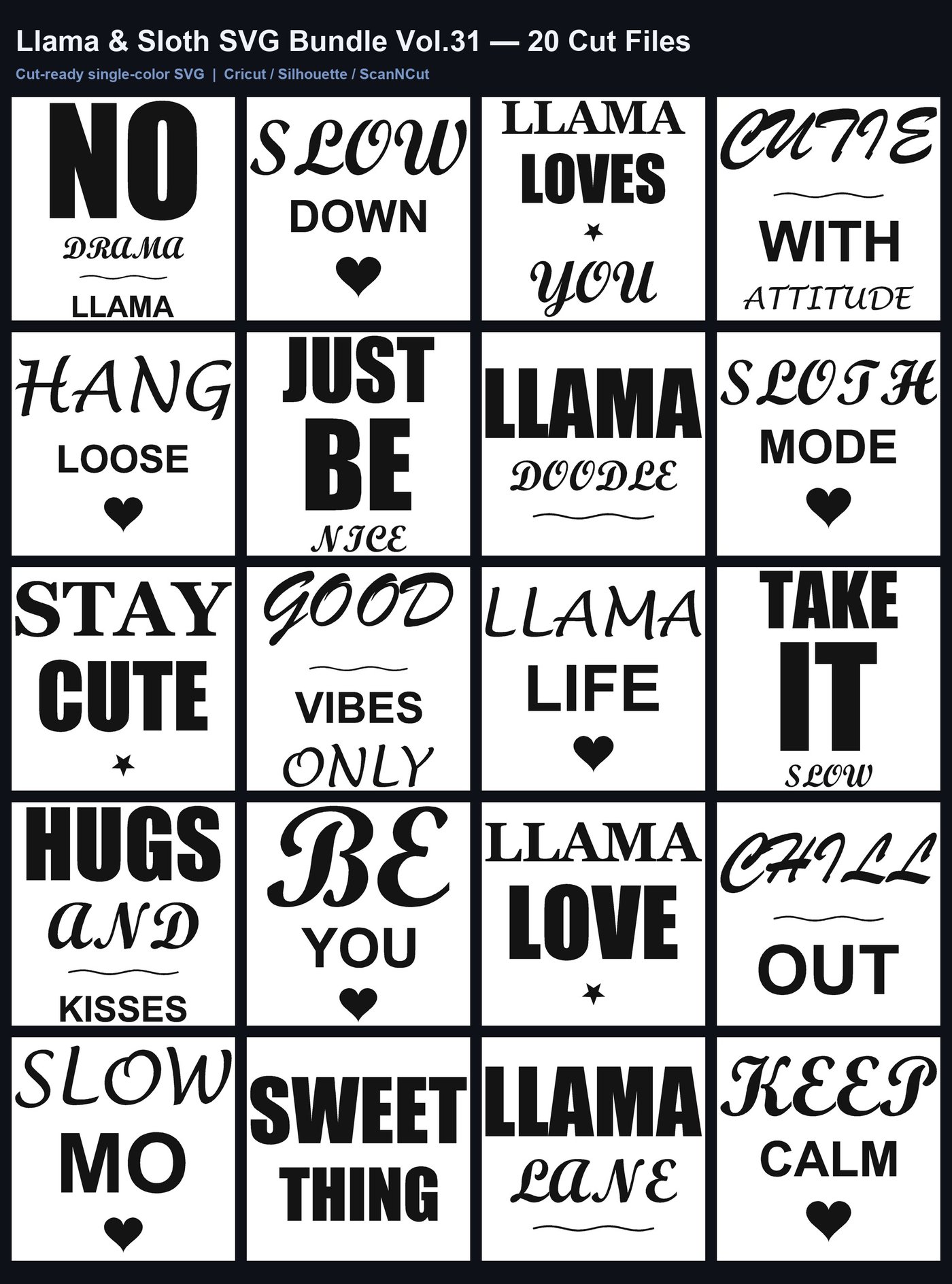 Llama & Sloth SVG Bundle Vol.31 — 20 Cut Files for Cricut