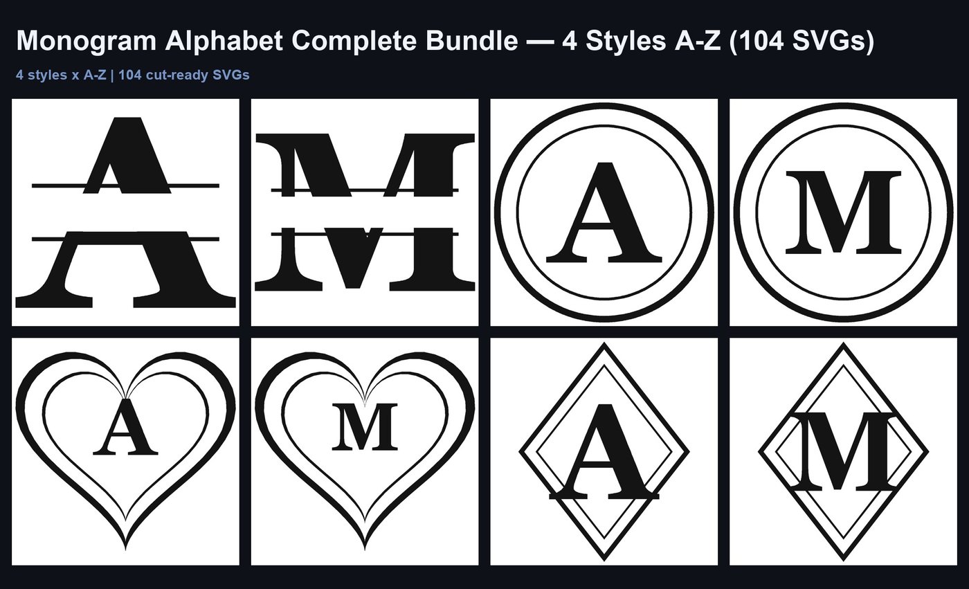 Monogram Alphabet Bundle: 4 Styles A-Z (104 SVGs) for Cricut