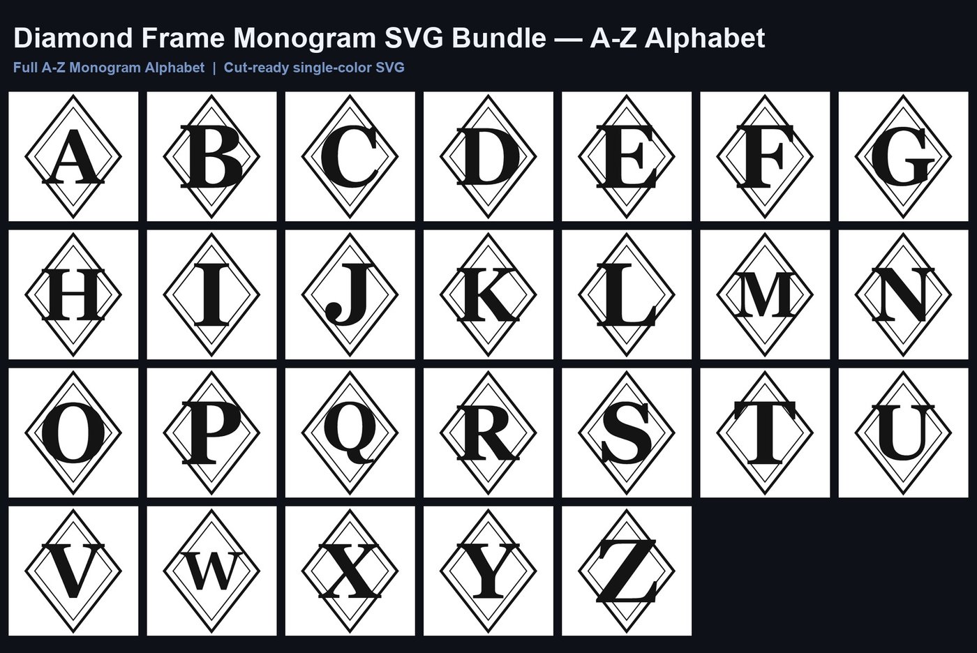 Diamond Frame Monogram SVG Bundle A-Z | Cricut Cut Files