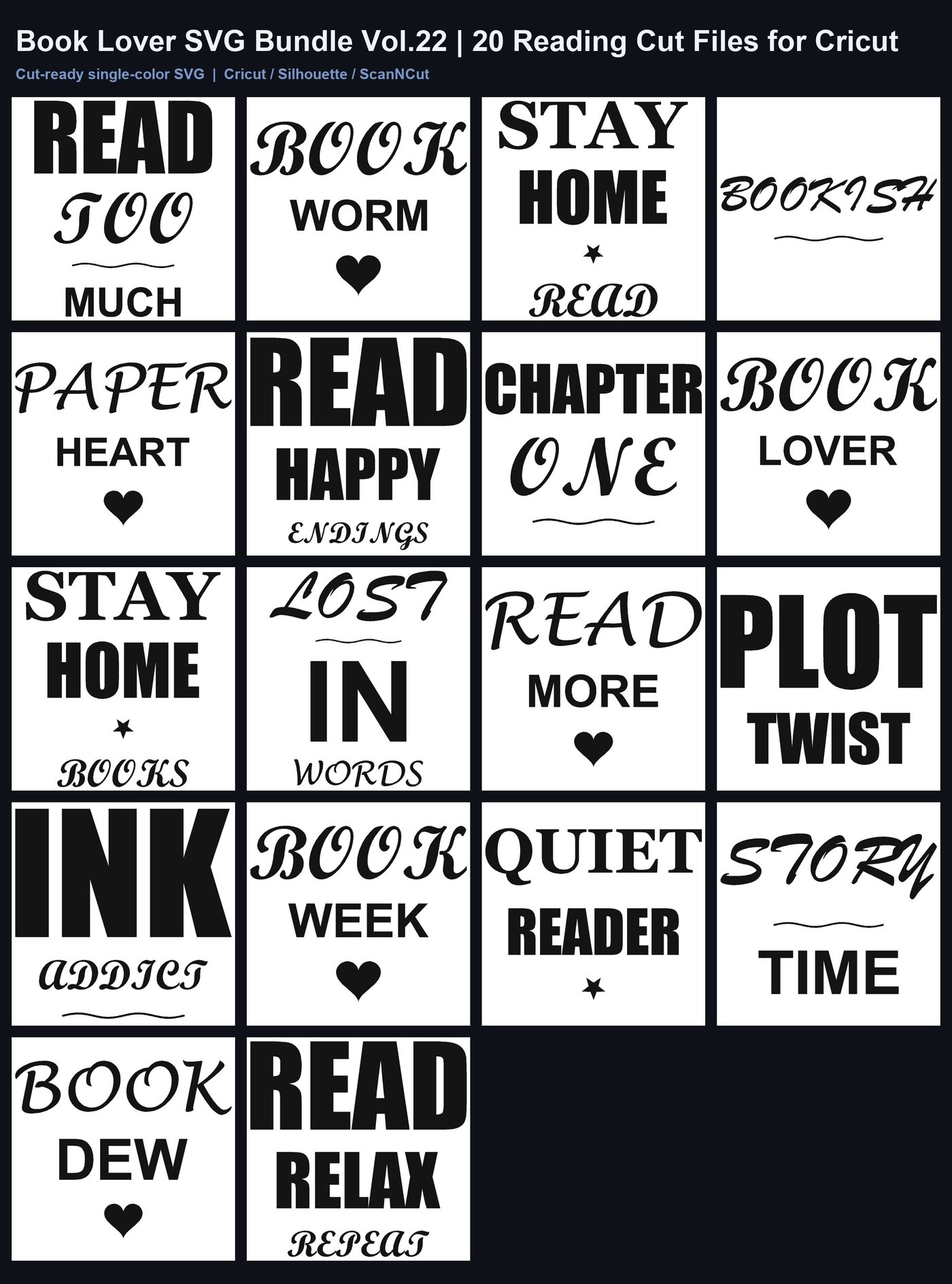 Book Lover SVG Bundle Vol.22 | 20 Reading Cut Files for Cricut