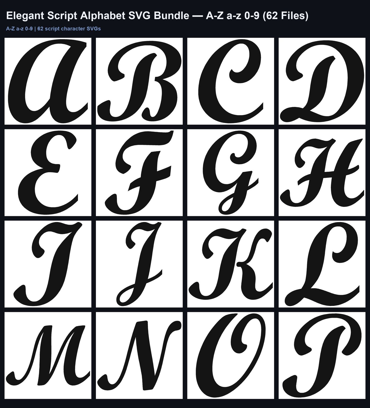 Elegant Script SVG Bundle: A-Z, a-z, 0-9 (62 Files) Cricut