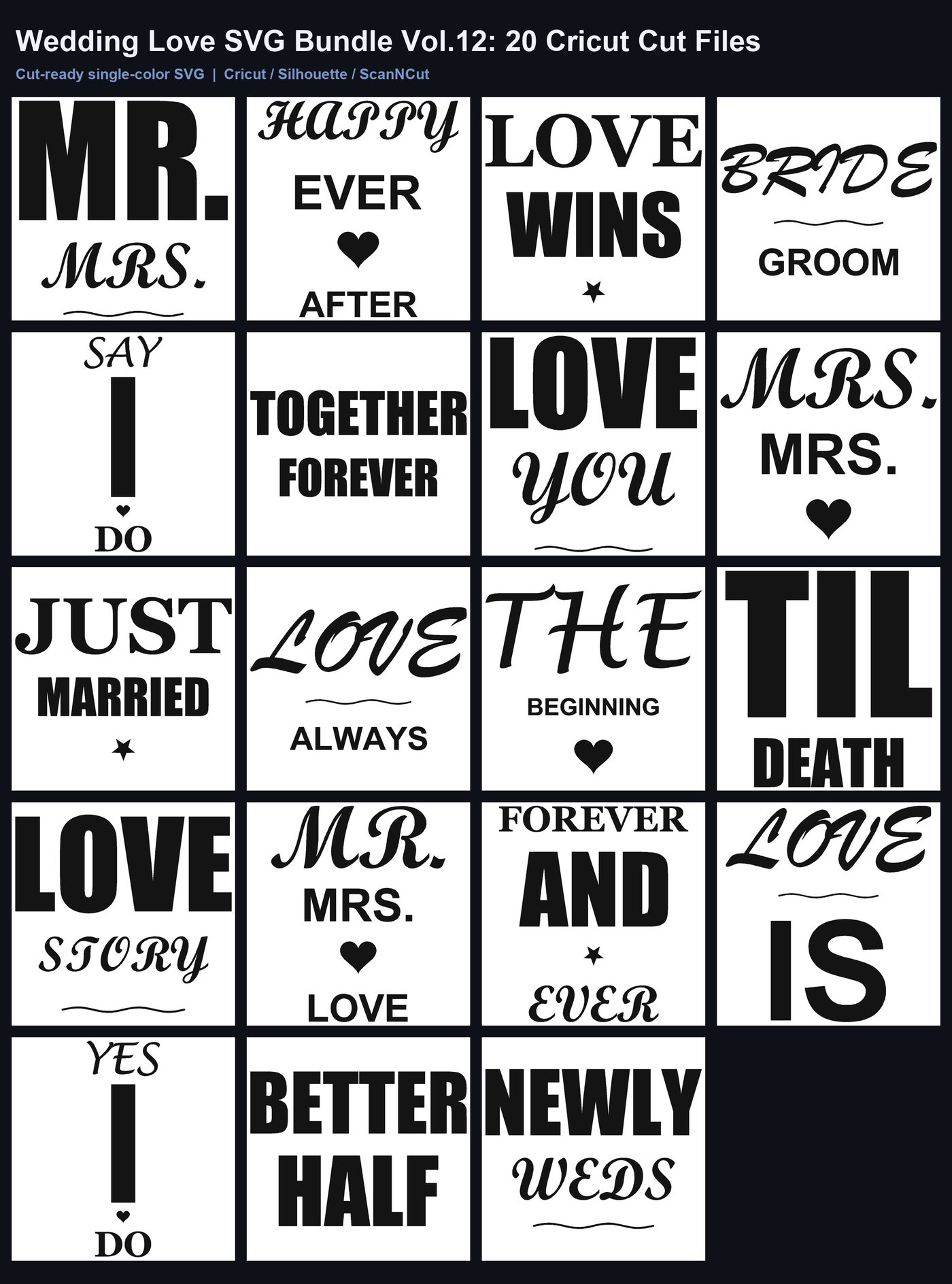 Wedding Love SVG Bundle Vol.12: 20 Cricut Cut Files