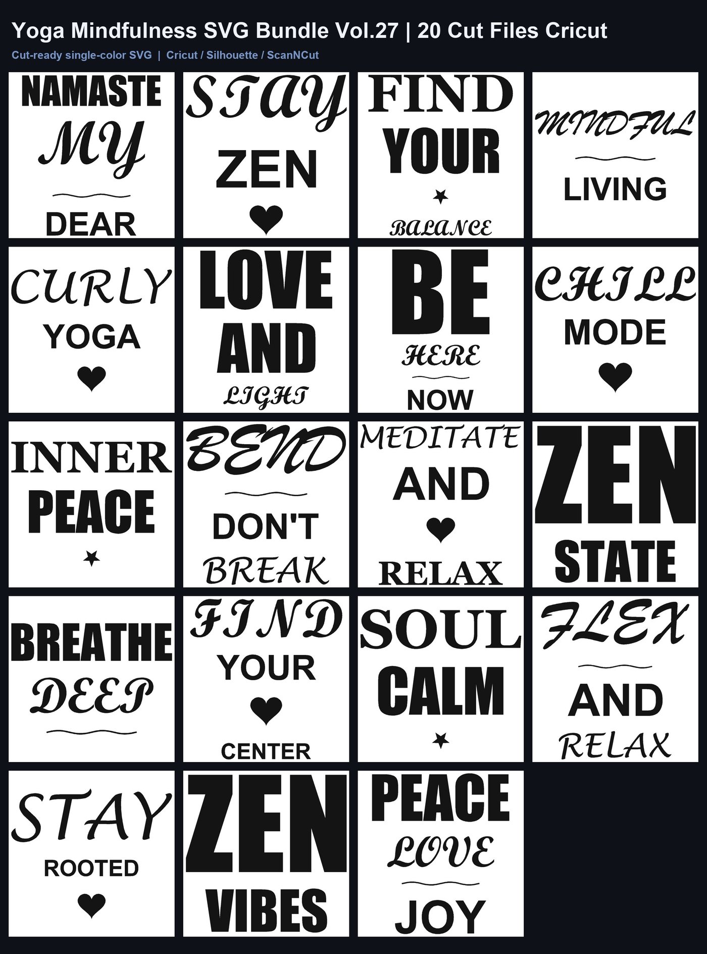 Yoga Mindfulness SVG Bundle Vol.27 | 20 Cut Files Cricut